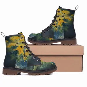 Men Blue And Yellow Bouquet Of Flowers Leather Work Boots