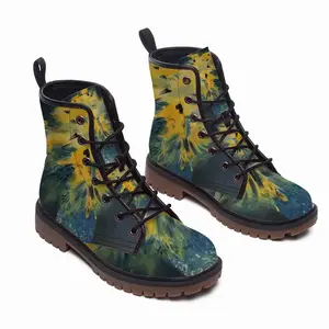 Men Blue And Yellow Bouquet Of Flowers Leather Work Boots