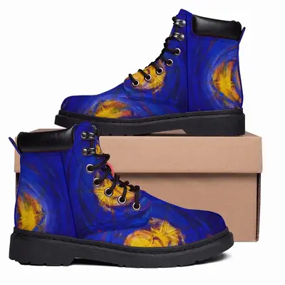 Men Centrifugal Blue Circles Attached Yellow Mid Top Boots