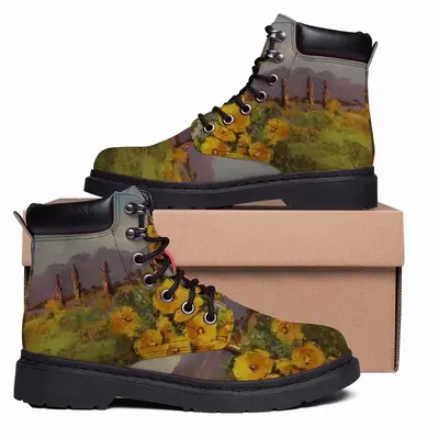 Men Yellow Fence Flowers Mid Top Boots