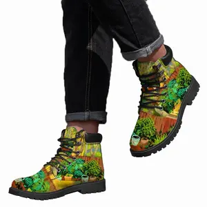 Men Backyard Garden With Yellow House Mid Top Boots