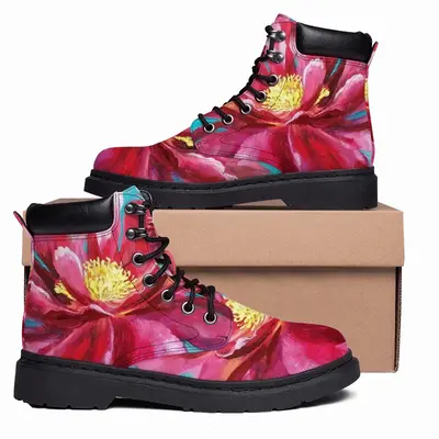 Men Bright Pink Peony Flower Acrylic Mid Top Boots