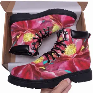 Men Bright Pink Peony Flower Acrylic Mid Top Boots