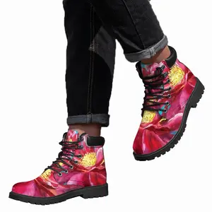 Men Bright Pink Peony Flower Acrylic Mid Top Boots