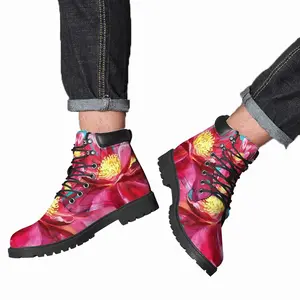 Men Bright Pink Peony Flower Acrylic Mid Top Boots