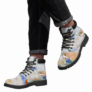 Men Mixed Media White Mid Top Boots