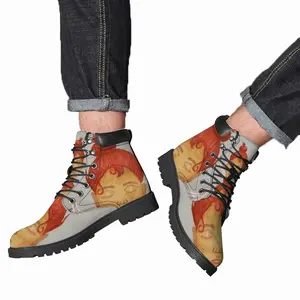 Men Coffee Time - Watercolor Orange Girl People Blue Drinks Nonalcoholic Mid Top Boots