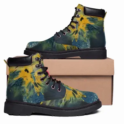 Men Blue And Yellow Bouquet Of Flowers Mid Top Boots